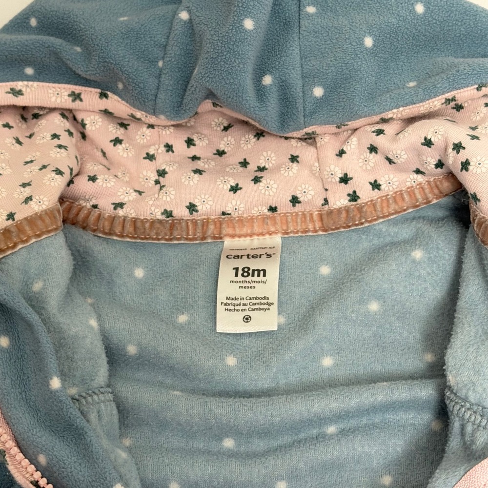 Carters Baby Girl 18M Blue Polka Dot Fleece Hooded Jumpsuit Romper Cat Back Zip - Picture 6 of 8